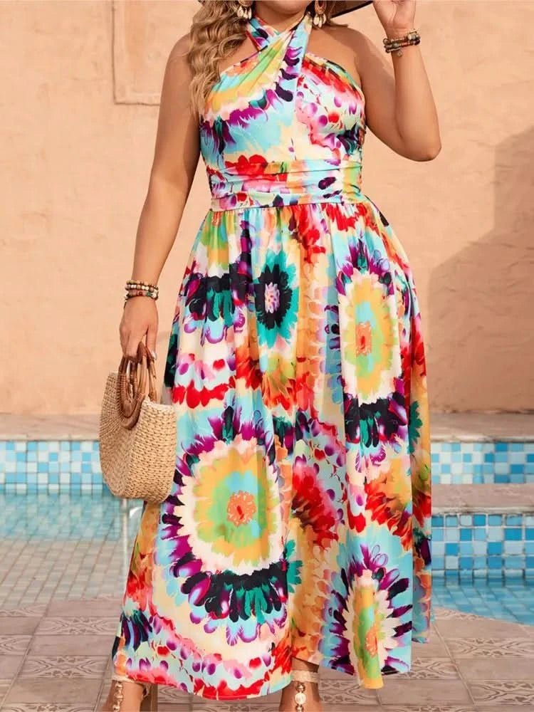 Plus Size Summer Holiday Dress Women Sleeveless Backless Sexy Fashion Ladies Dresses Ruffle Pleated Graffiti Print Woman Dress - Polynesia Market