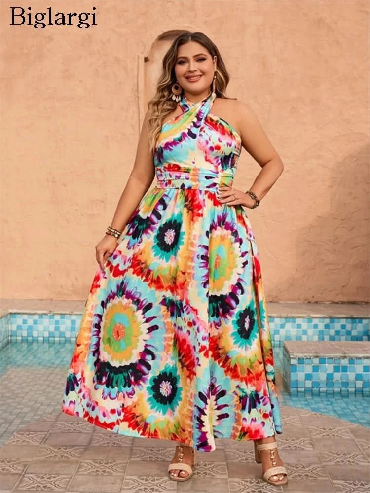 Plus Size Summer Holiday Dress Women Sleeveless Backless Sexy Fashion Ladies Dresses Ruffle Pleated Graffiti Print Woman Dress - Polynesia Market