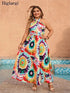 Plus Size Summer Holiday Dress Women Sleeveless Backless Sexy Fashion Ladies Dresses Ruffle Pleated Graffiti Print Woman Dress - Polynesia Market
