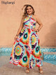 Plus Size Summer Holiday Dress Women Sleeveless Backless Sexy Fashion Ladies Dresses Ruffle Pleated Graffiti Print Woman Dress - Polynesia Market