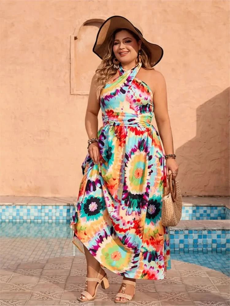 Plus Size Summer Holiday Dress Women Sleeveless Backless Sexy Fashion Ladies Dresses Ruffle Pleated Graffiti Print Woman Dress - Polynesia Market