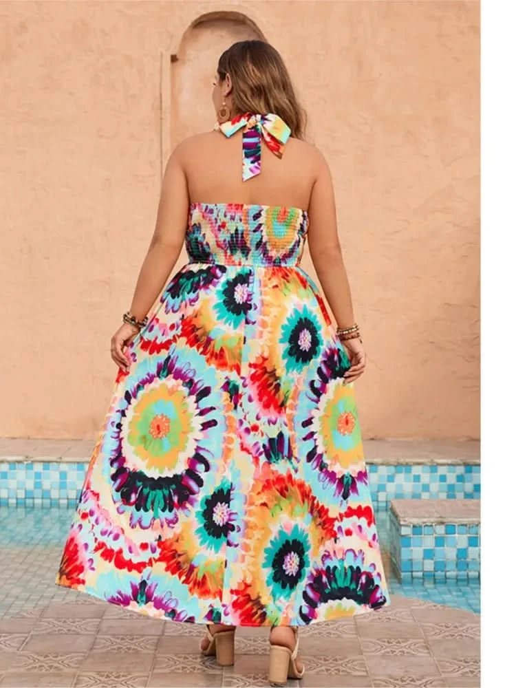 Plus Size Summer Holiday Dress Women Sleeveless Backless Sexy Fashion Ladies Dresses Ruffle Pleated Graffiti Print Woman Dress - Polynesia Market