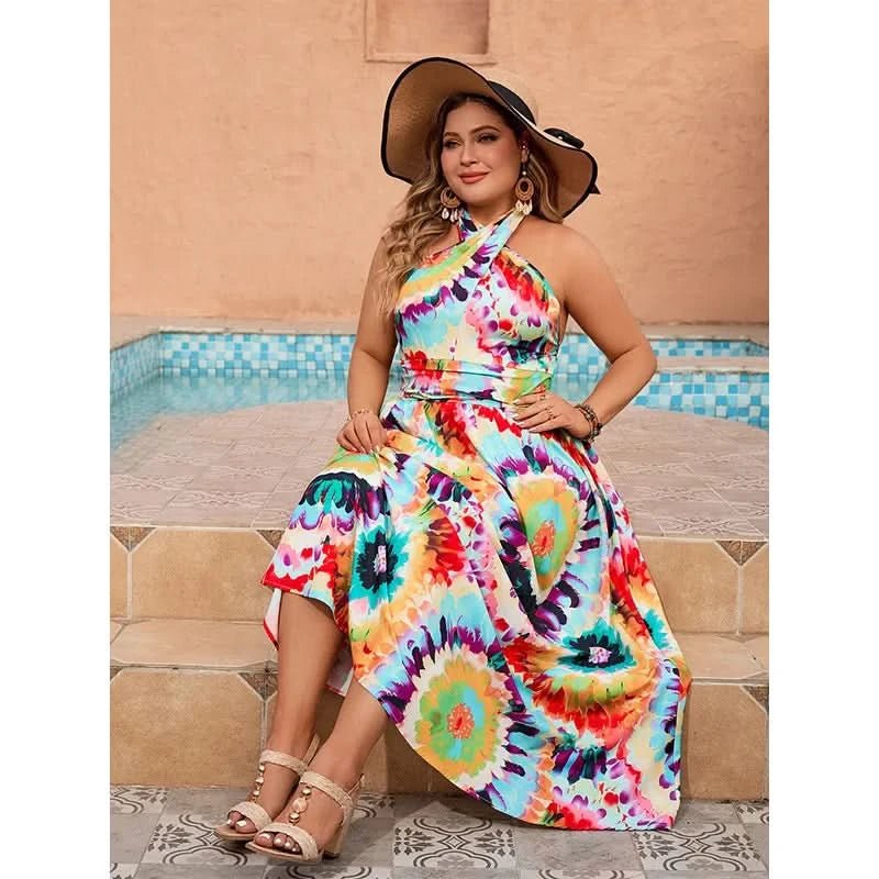 Plus Size Summer Holiday Dress Women Sleeveless Backless Sexy Fashion Ladies Dresses Ruffle Pleated Graffiti Print Woman Dress - Polynesia Market