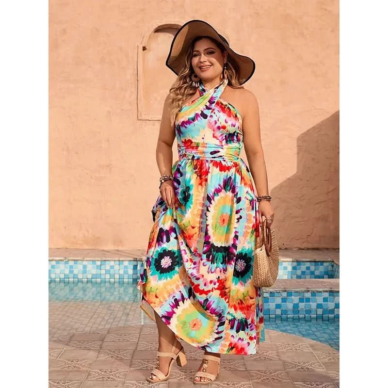 Plus Size Summer Holiday Dress Women Sleeveless Backless Sexy Fashion Ladies Dresses Ruffle Pleated Graffiti Print Woman Dress - Polynesia Market