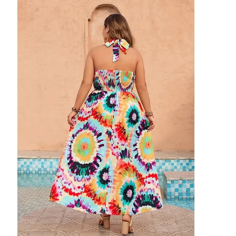 Plus Size Summer Holiday Dress Women Sleeveless Backless Sexy Fashion Ladies Dresses Ruffle Pleated Graffiti Print Woman Dress - Polynesia Market