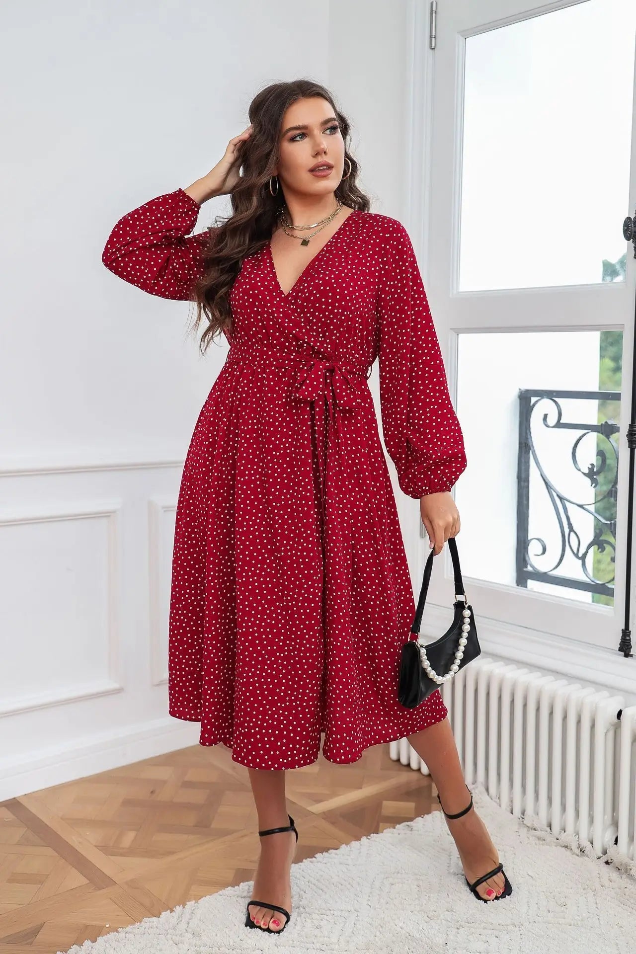 Plus Size Women's Clothing Winter Large Swing Style Artistic Temperament Large Dress Cotton Polka Dot Long Sleeved Dress - Polynesia Market