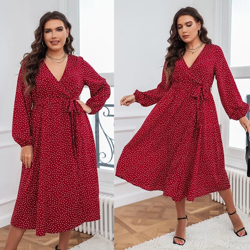 Plus Size Women's Clothing Winter Large Swing Style Artistic Temperament Large Dress Cotton Polka Dot Long Sleeved Dress - Polynesia Market