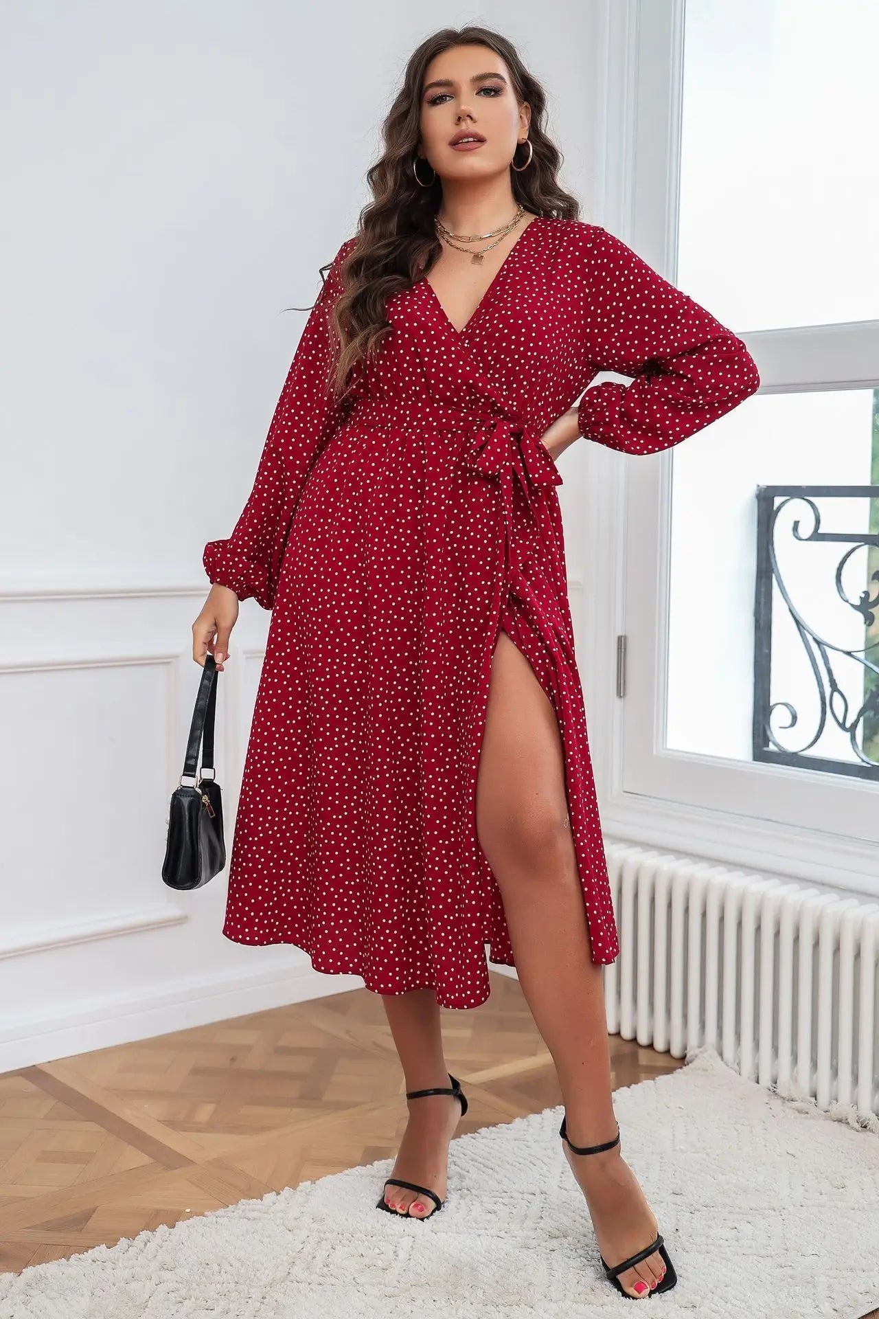 Plus Size Women's Clothing Winter Large Swing Style Artistic Temperament Large Dress Cotton Polka Dot Long Sleeved Dress - Polynesia Market