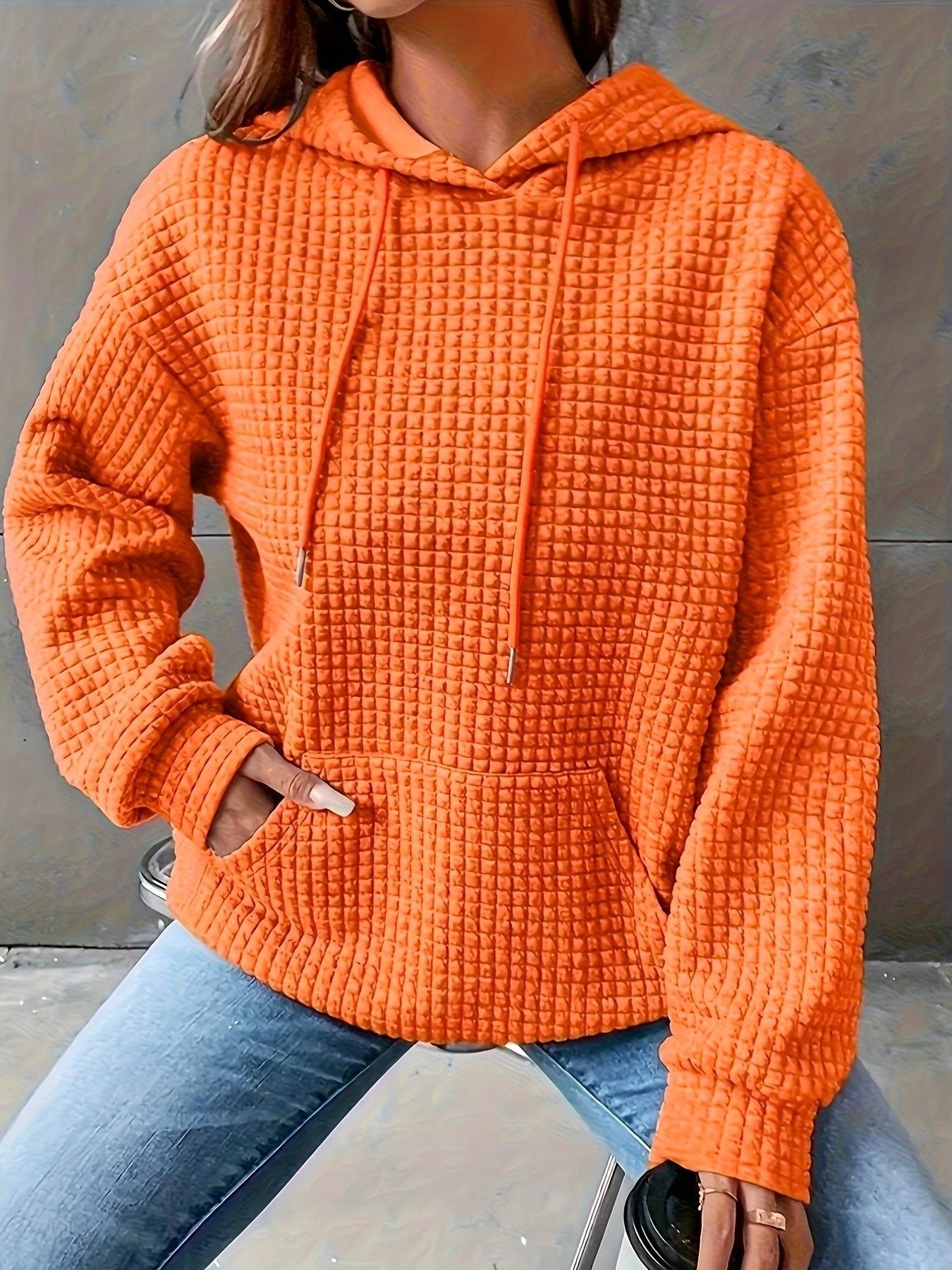 Solid Color Waffle Kangaroo Pocket Hoodie, Casual Long Sleeve Hooded Sweatshirt For Fall, Women's Clothing - Polynesia Market