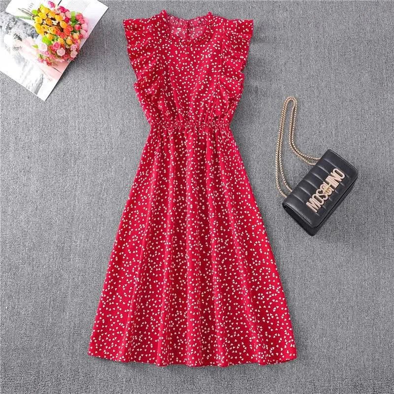 Summer Dress 2021 Elegant Sundress Slim Sleeveless Woman Vestidos Ruffles Knee Length Clothes Red Beach Party Dresses For Women - Polynesia Market
