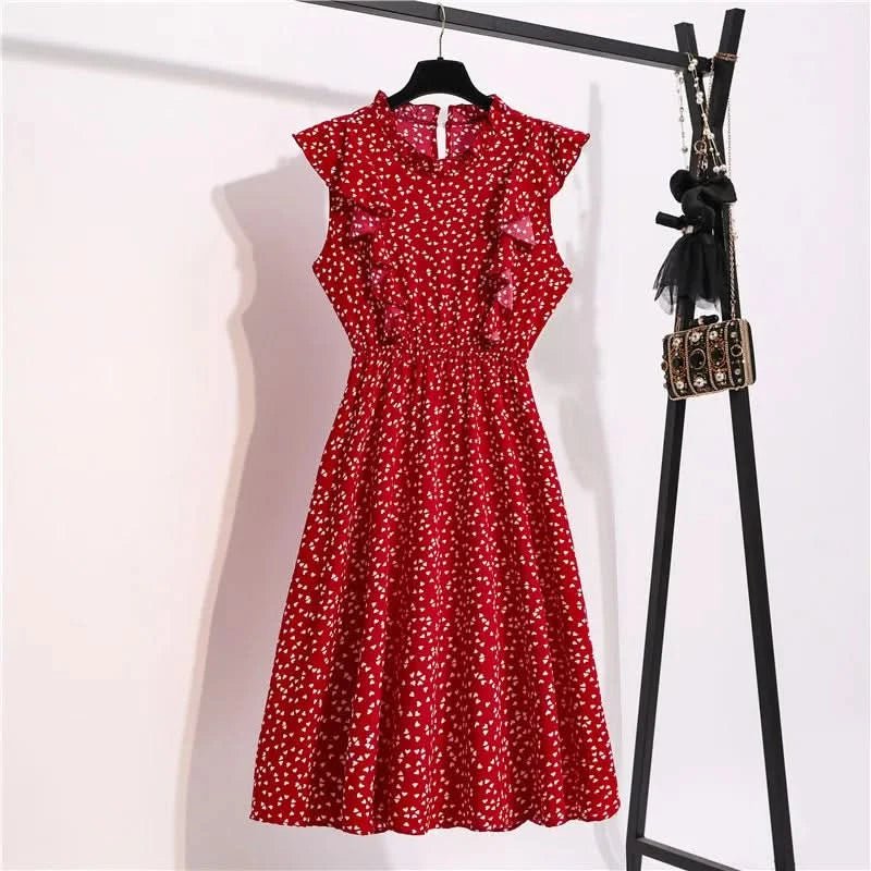 Summer Dress 2021 Elegant Sundress Slim Sleeveless Woman Vestidos Ruffles Knee Length Clothes Red Beach Party Dresses For Women - Polynesia Market