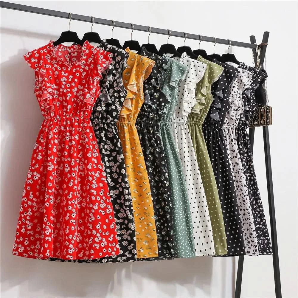 Summer Dress 2021 Elegant Sundress Slim Sleeveless Woman Vestidos Ruffles Knee Length Clothes Red Beach Party Dresses For Women - Polynesia Market