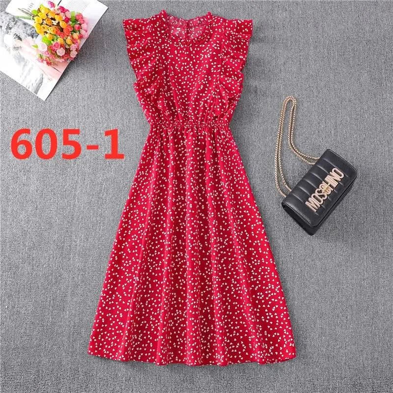 Summer Dress 2021 Elegant Sundress Slim Sleeveless Woman Vestidos Ruffles Knee Length Clothes Red Beach Party Dresses For Women - Polynesia Market