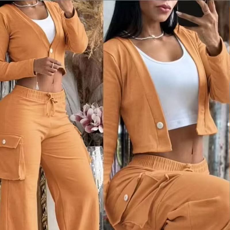 Two Piece Set Women Clothing Patchwork Wide Leg Pants and Long Sleeve Short Top Outfits for Women Pants Set with Pocket - Polynesia Market