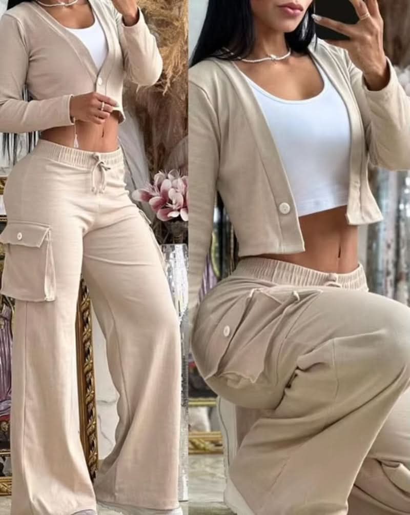 Two Piece Set Women Clothing Patchwork Wide Leg Pants and Long Sleeve Short Top Outfits for Women Pants Set with Pocket - Polynesia Market
