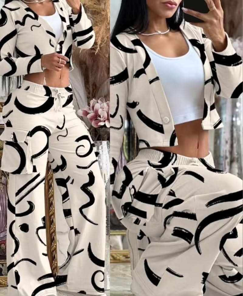 Two Piece Set Women Clothing Patchwork Wide Leg Pants and Long Sleeve Short Top Outfits for Women Pants Set with Pocket - Polynesia Market