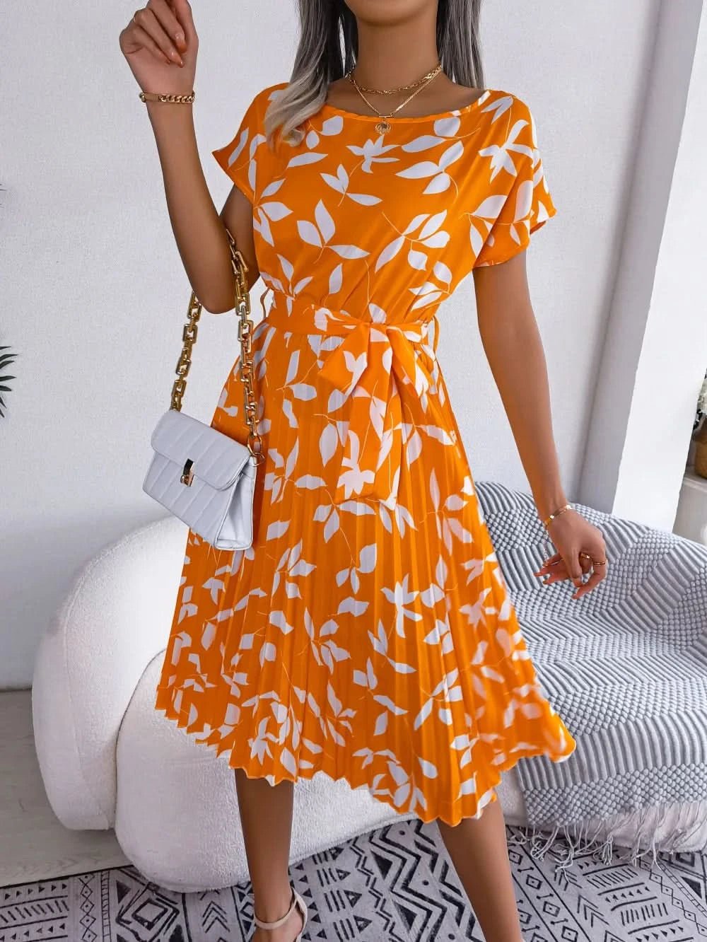 Women Printing Short Sleeve Summer Midi Dress Elegant Lace Up Waist Bohemian A - line Dresses Fashion Casual Party Dress Vestido - Polynesia Market