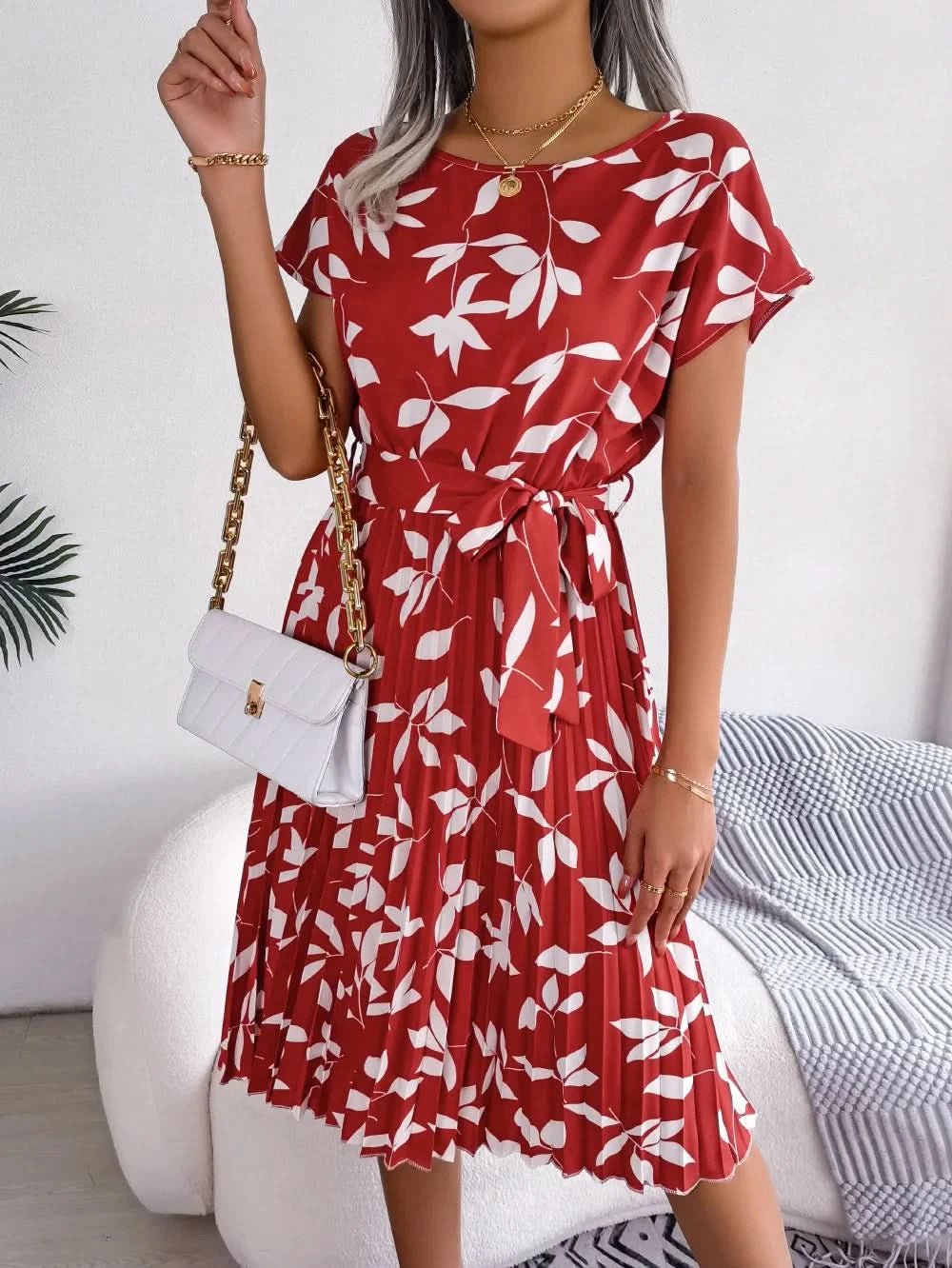Women Printing Short Sleeve Summer Midi Dress Elegant Lace Up Waist Bohemian A - line Dresses Fashion Casual Party Dress Vestido - Polynesia Market
