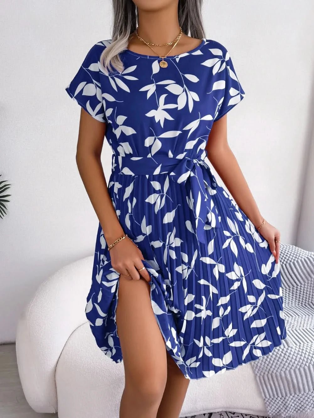 Women Printing Short Sleeve Summer Midi Dress Elegant Lace Up Waist Bohemian A - line Dresses Fashion Casual Party Dress Vestido - Polynesia Market