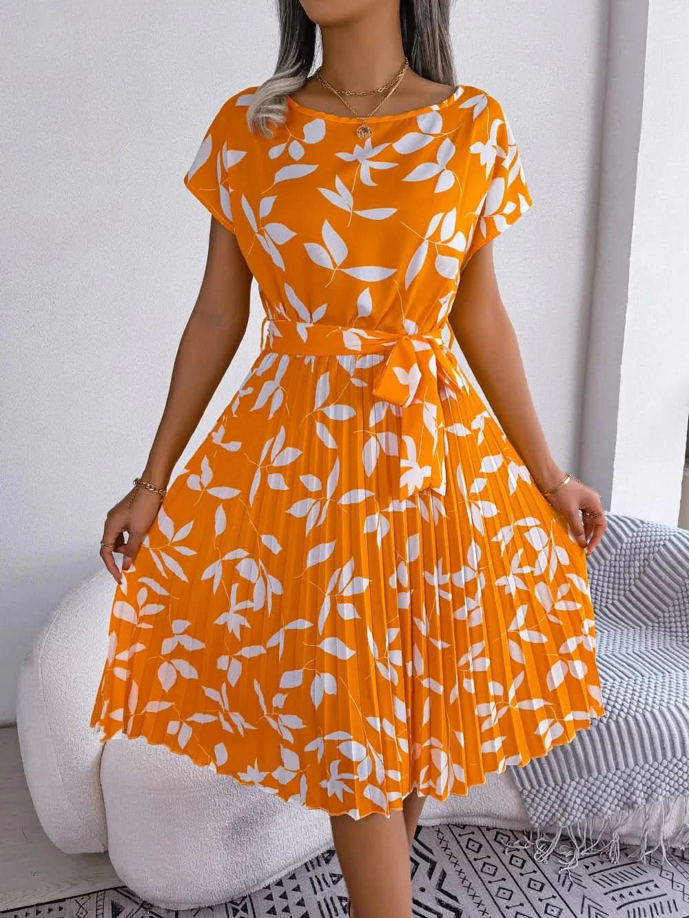Women Printing Short Sleeve Summer Midi Dress Elegant Lace Up Waist Bohemian A - line Dresses Fashion Casual Party Dress Vestido - Polynesia Market