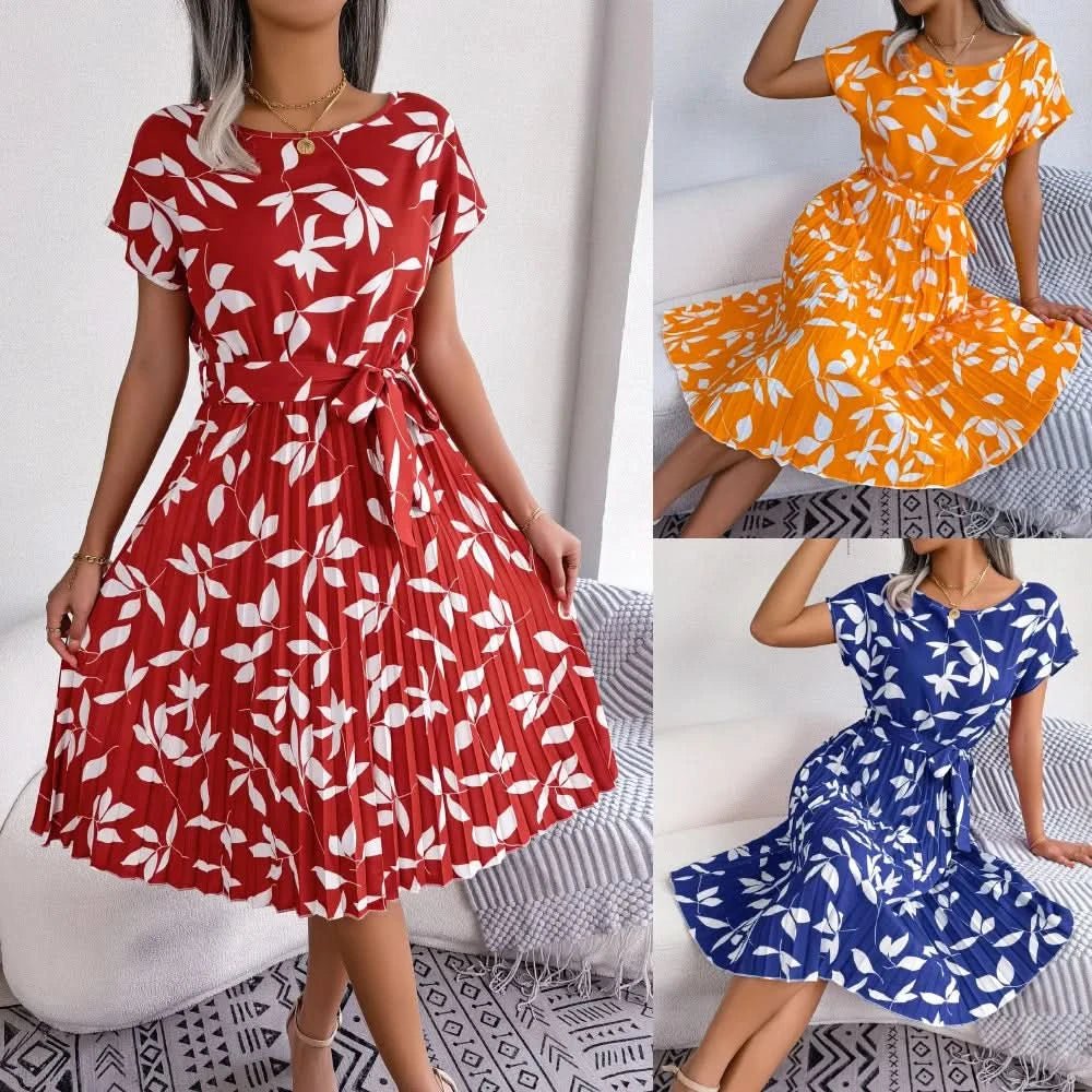 Women Printing Short Sleeve Summer Midi Dress Elegant Lace Up Waist Bohemian A - line Dresses Fashion Casual Party Dress Vestido - Polynesia Market