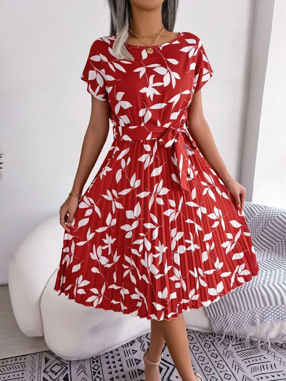 Women Printing Short Sleeve Summer Midi Dress Elegant Lace Up Waist Bohemian A - line Dresses Fashion Casual Party Dress Vestido - Polynesia Market