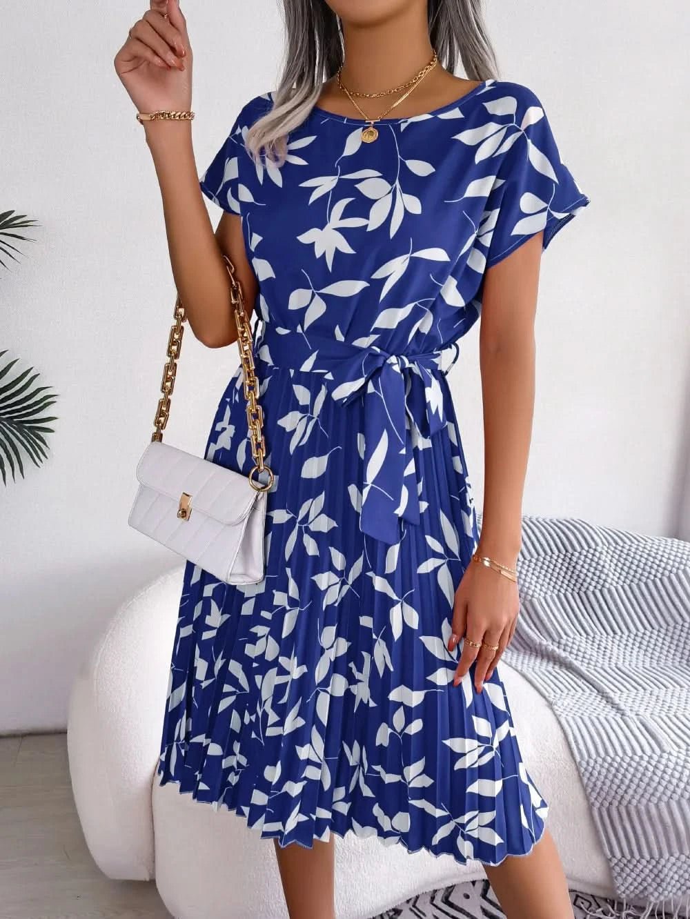 Women Printing Short Sleeve Summer Midi Dress Elegant Lace Up Waist Bohemian A - line Dresses Fashion Casual Party Dress Vestido - Polynesia Market