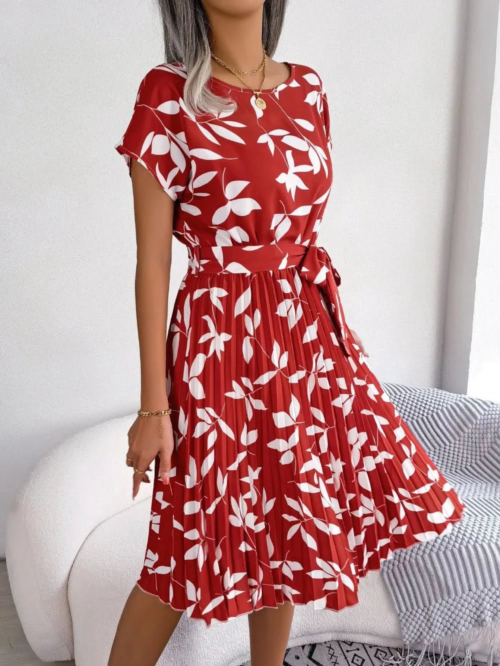Women Printing Short Sleeve Summer Midi Dress Elegant Lace Up Waist Bohemian A - line Dresses Fashion Casual Party Dress Vestido - Polynesia Market