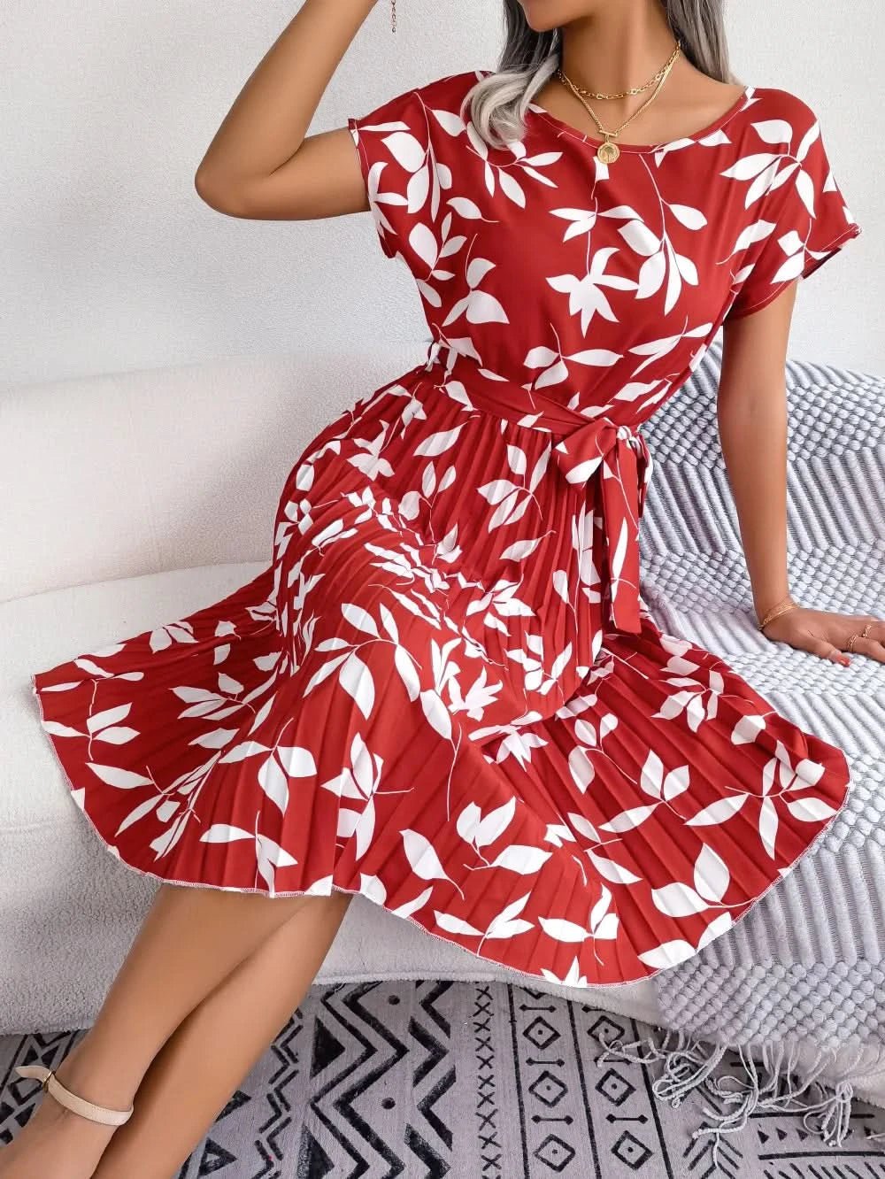 Women Printing Short Sleeve Summer Midi Dress Elegant Lace Up Waist Bohemian A - line Dresses Fashion Casual Party Dress Vestido - Polynesia Market