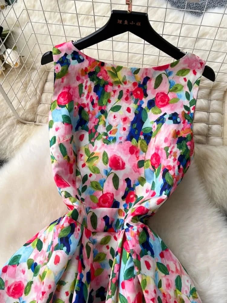 Women Sleeveless Elegant Dress Retro Elegant High Waisted Pleated Printed Formal Dresses Ladies Summer Slim A - line Long Robe - Polynesia Market