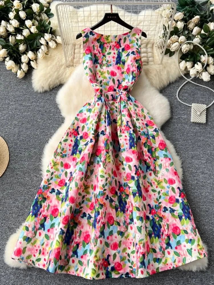 Women Sleeveless Elegant Dress Retro Elegant High Waisted Pleated Printed Formal Dresses Ladies Summer Slim A - line Long Robe - Polynesia Market
