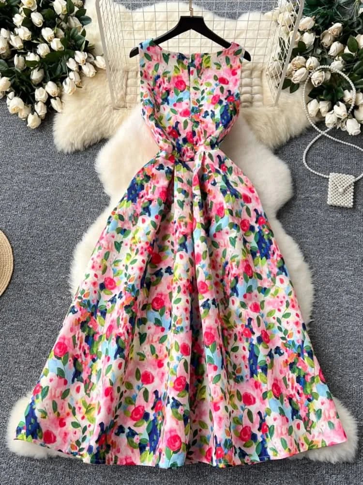 Women Sleeveless Elegant Dress Retro Elegant High Waisted Pleated Printed Formal Dresses Ladies Summer Slim A - line Long Robe - Polynesia Market