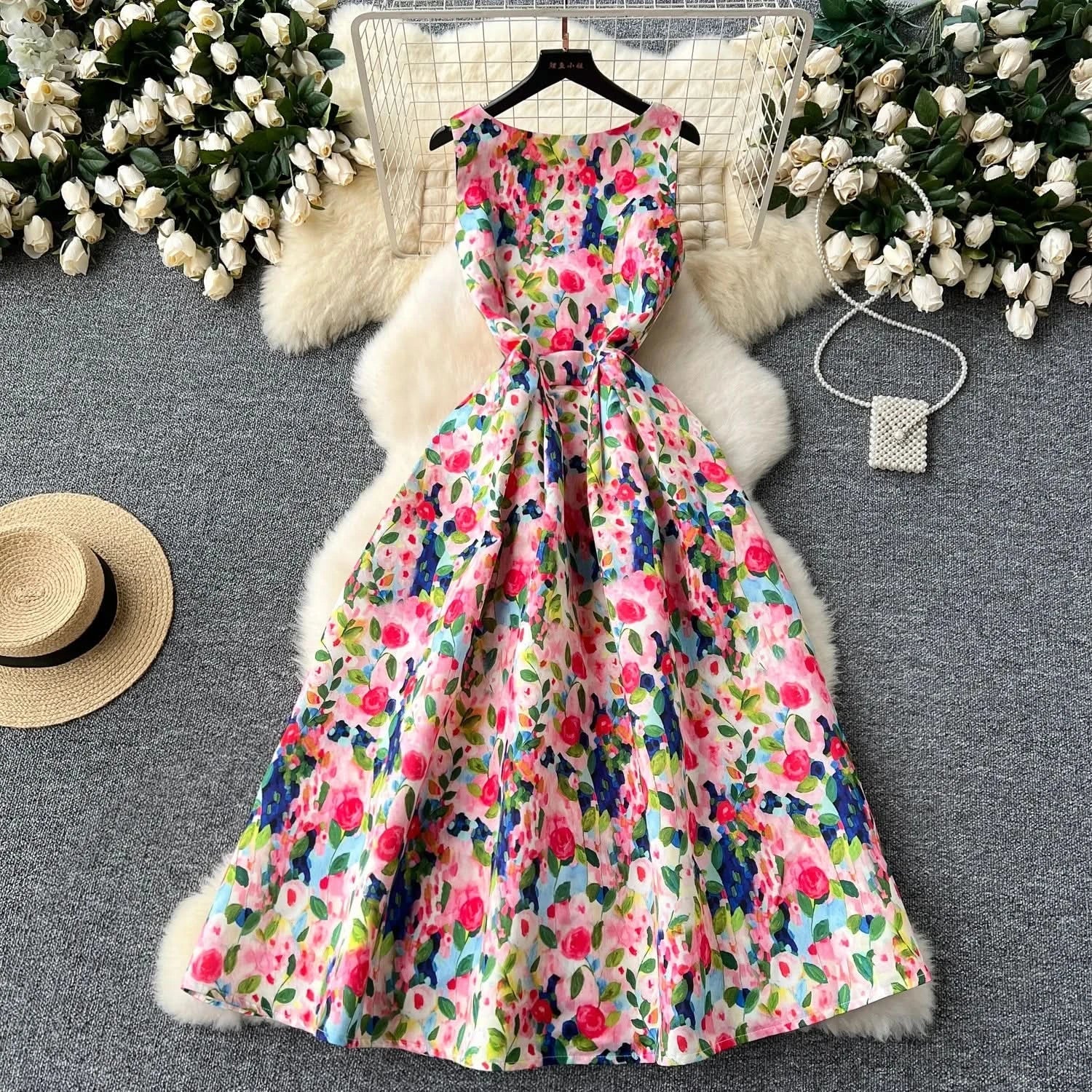 Women Sleeveless Elegant Dress Retro Elegant High Waisted Pleated Printed Formal Dresses Ladies Summer Slim A - line Long Robe - Polynesia Market
