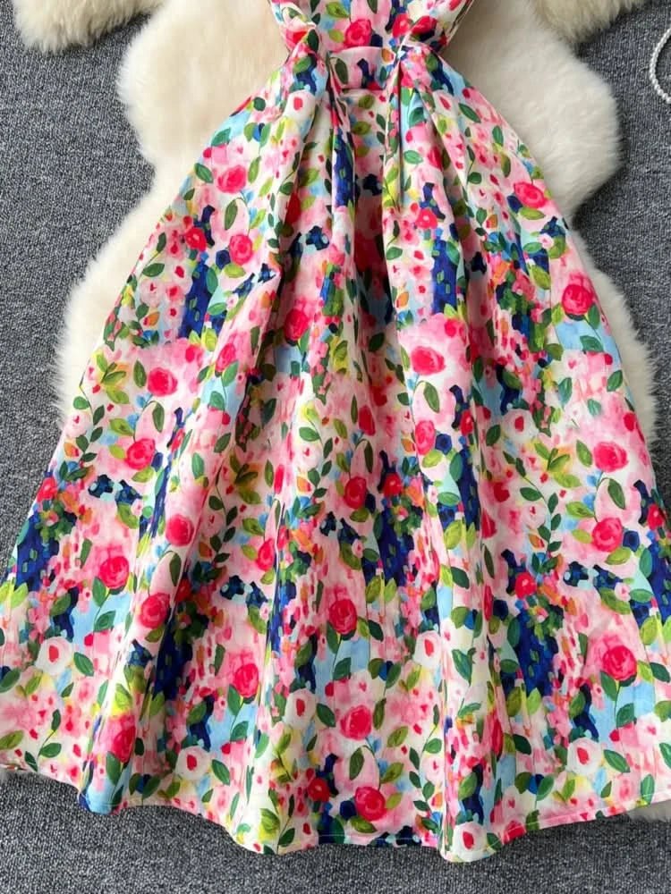 Women Sleeveless Elegant Dress Retro Elegant High Waisted Pleated Printed Formal Dresses Ladies Summer Slim A - line Long Robe - Polynesia Market