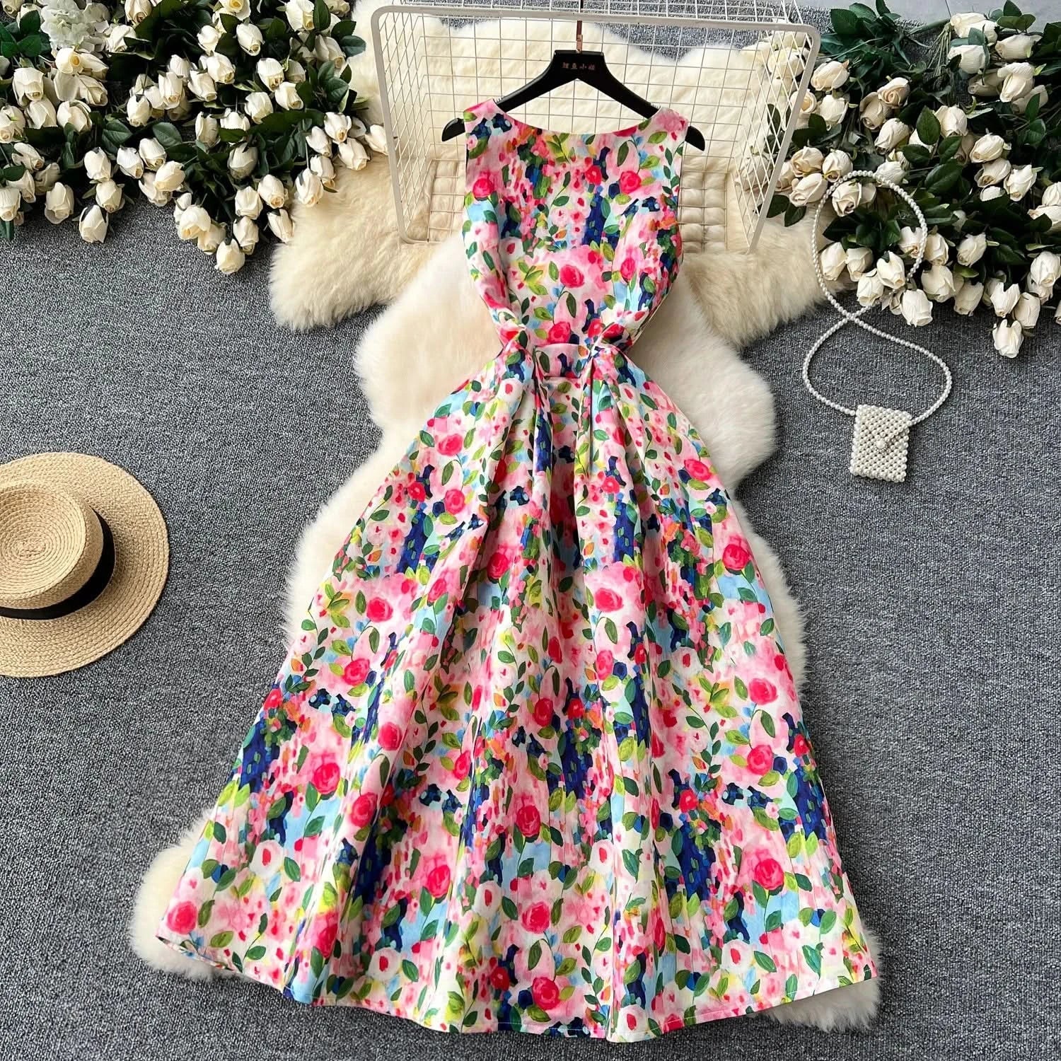 Women Sleeveless Elegant Dress Retro Elegant High Waisted Pleated Printed Formal Dresses Ladies Summer Slim A - line Long Robe - Polynesia Market