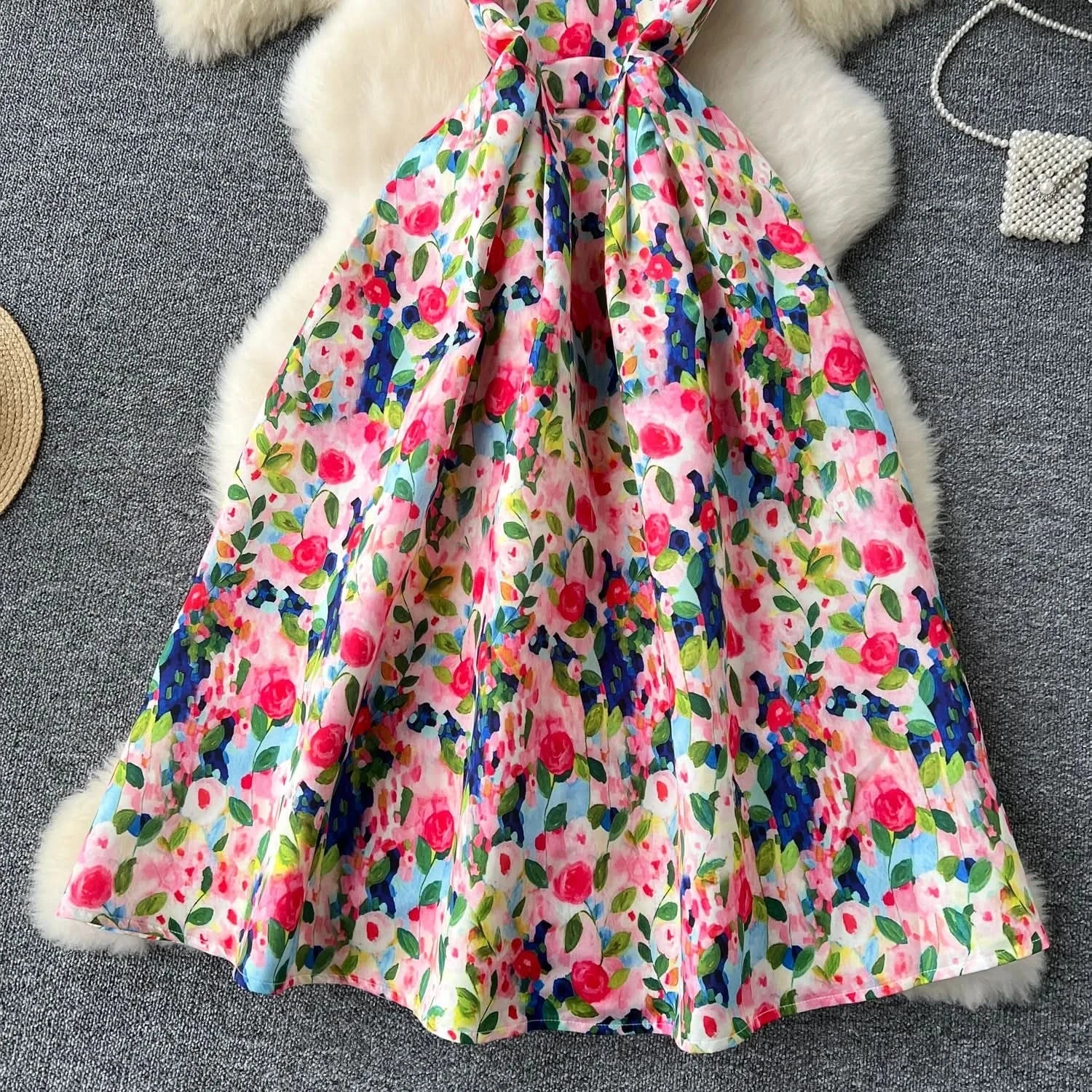 Women Sleeveless Elegant Dress Retro Elegant High Waisted Pleated Printed Formal Dresses Ladies Summer Slim A - line Long Robe - Polynesia Market