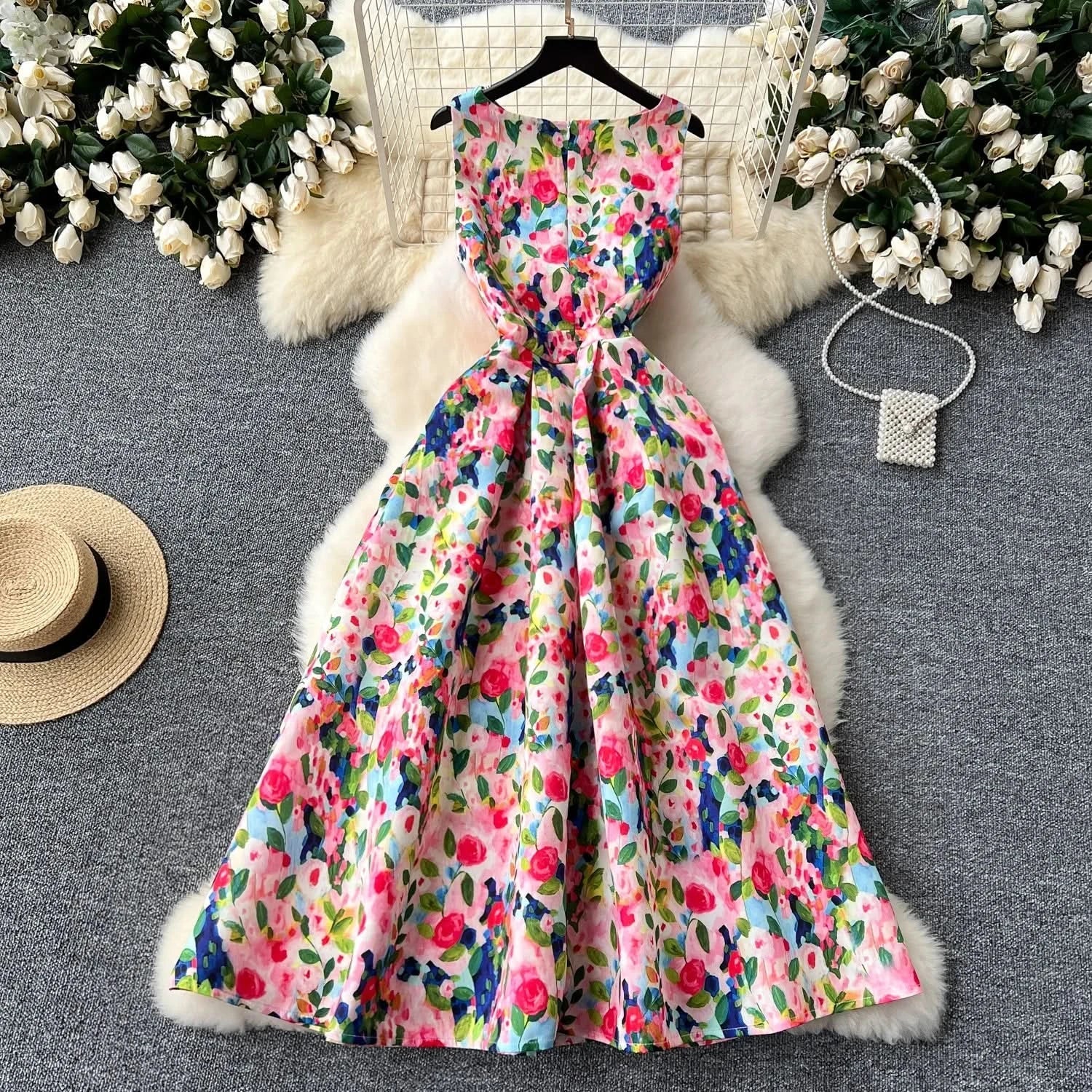 Women Sleeveless Elegant Dress Retro Elegant High Waisted Pleated Printed Formal Dresses Ladies Summer Slim A - line Long Robe - Polynesia Market