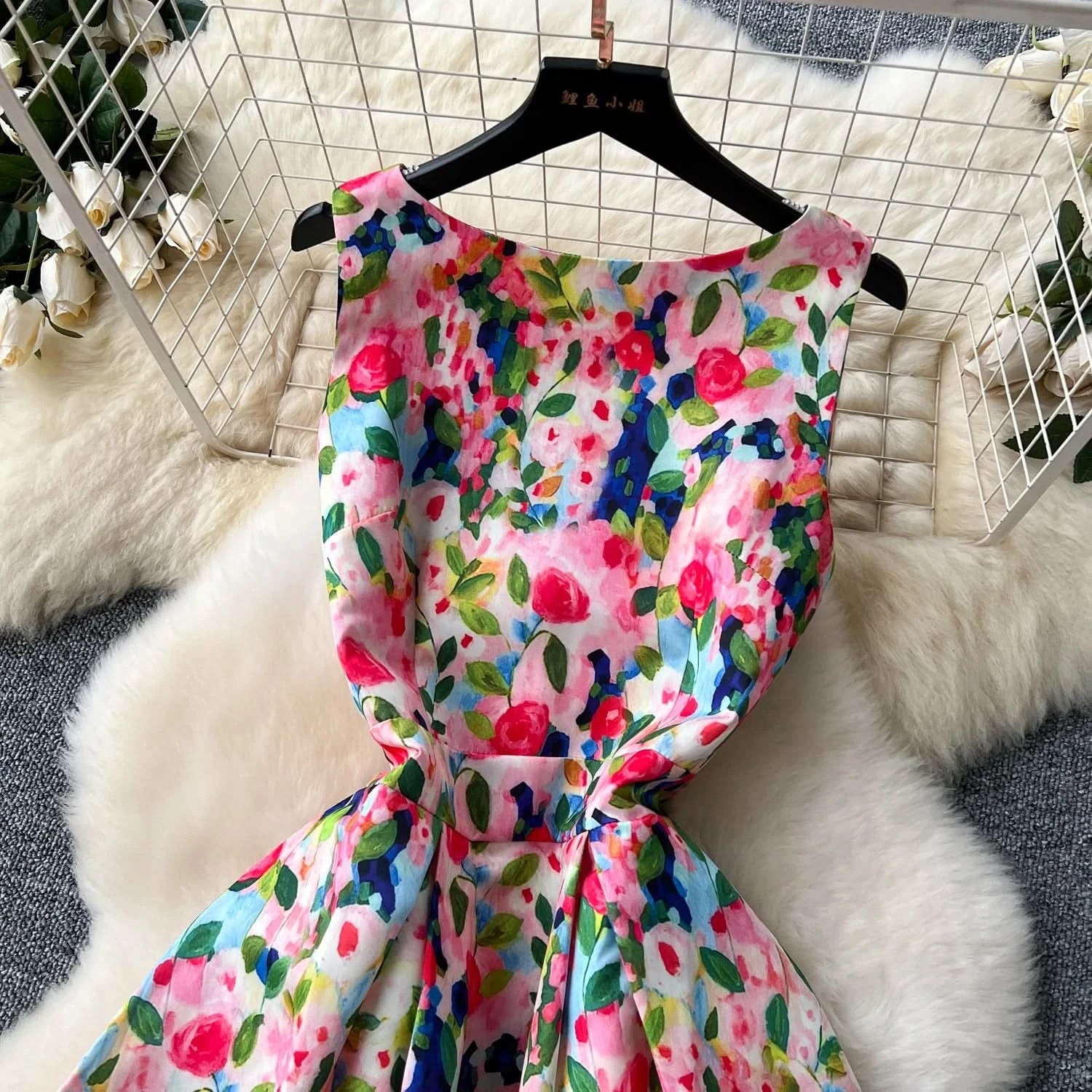Women Sleeveless Elegant Dress Retro Elegant High Waisted Pleated Printed Formal Dresses Ladies Summer Slim A - line Long Robe - Polynesia Market