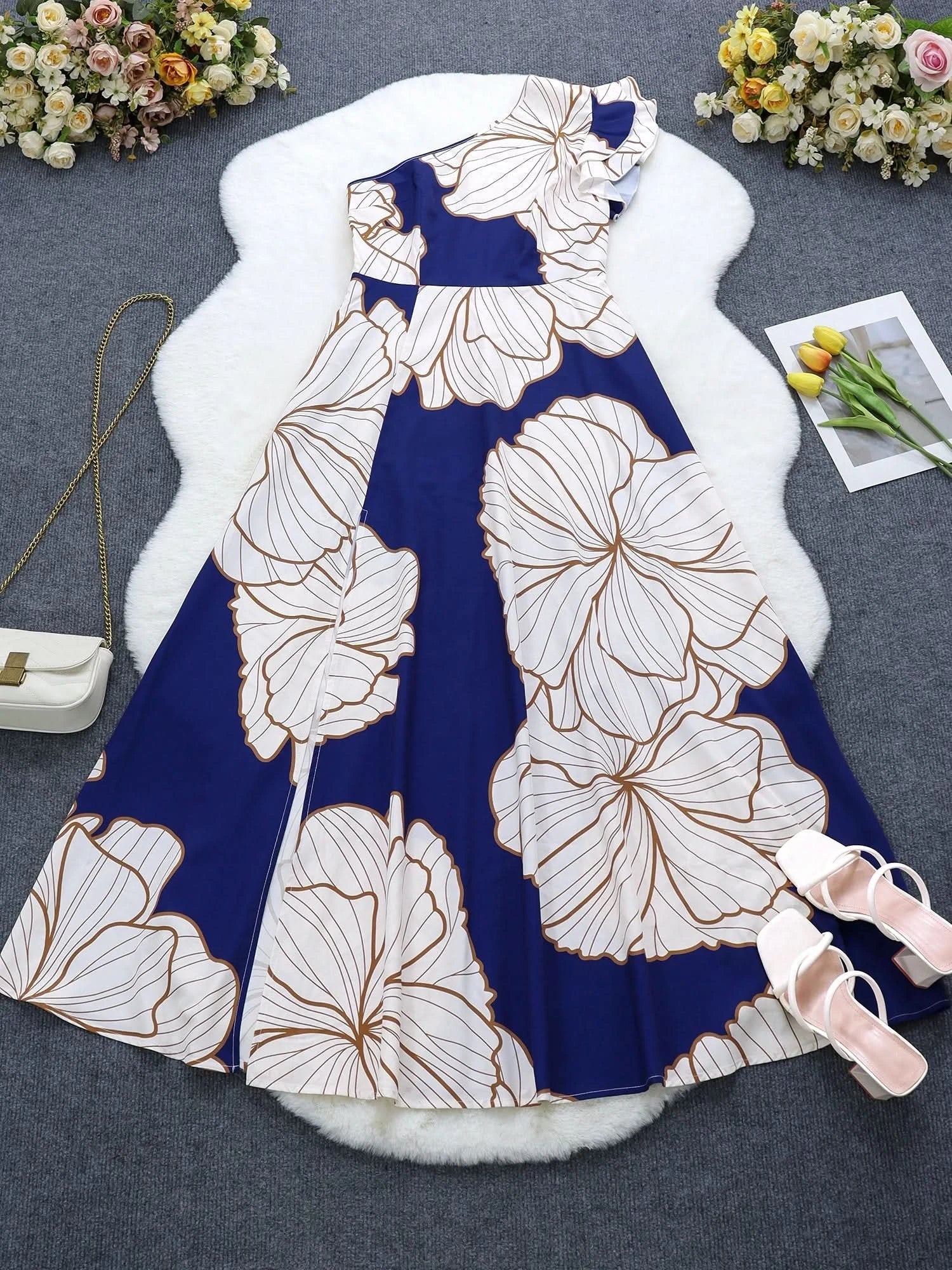 Women's Elegant Floral Printed Long Dresses, Casual Strapless, A Line Dresses, Ladies Side Split, Summer Vestido - Polynesia Market