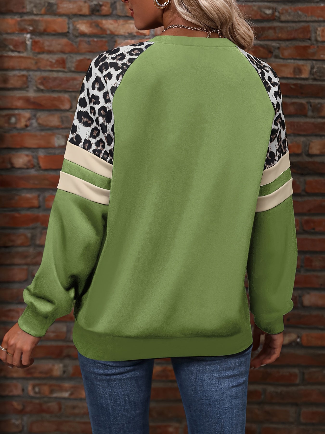 Women's Fashion Pullover Hoodie, Leopard Print and Stripe Contrast Raglan Sleeves, Round Neck, Polyester Knit, Casual Sweatshirt for All Seasons - Polynesia Market