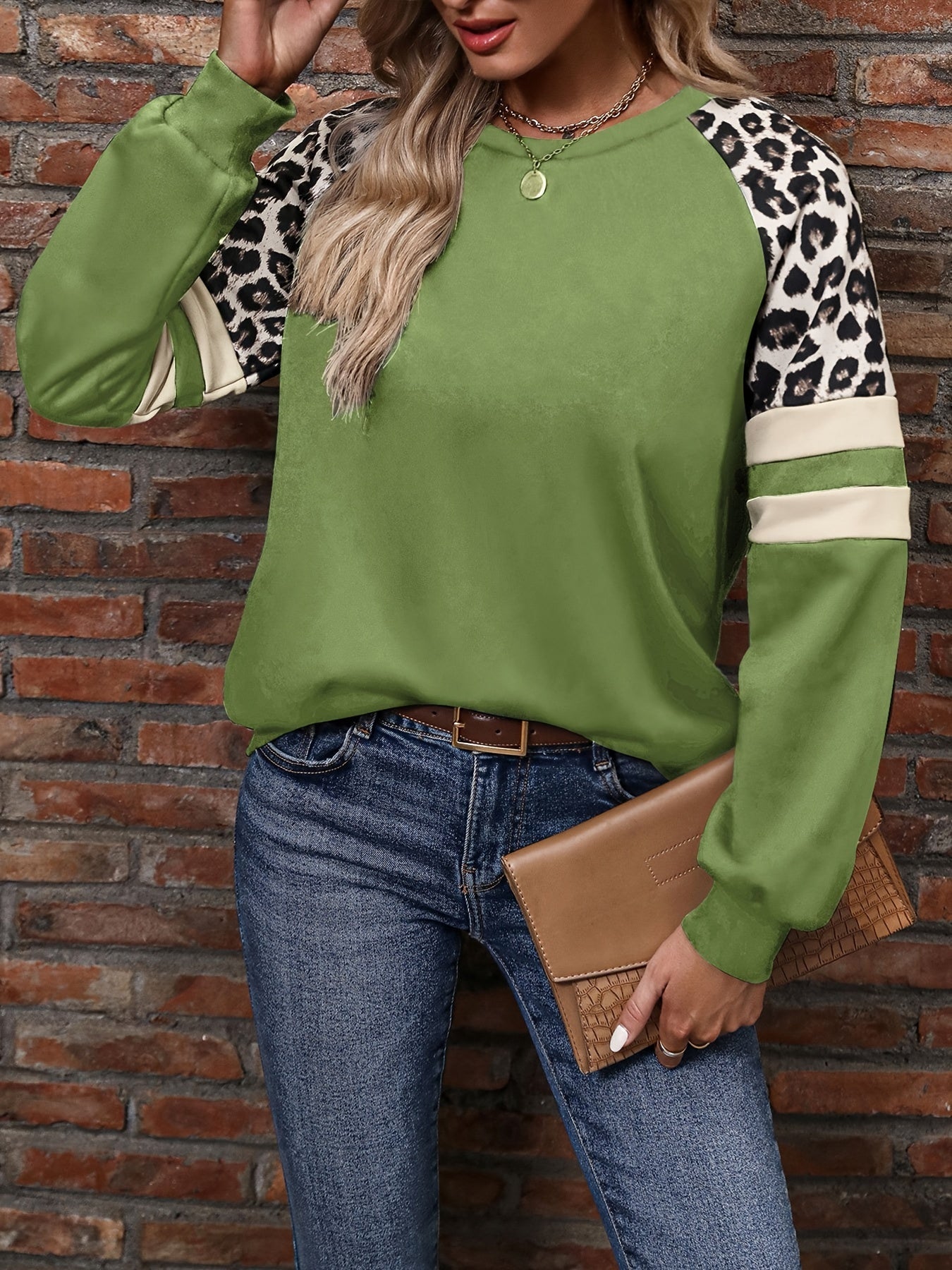 Women's Fashion Pullover Hoodie, Leopard Print and Stripe Contrast Raglan Sleeves, Round Neck, Polyester Knit, Casual Sweatshirt for All Seasons - Polynesia Market