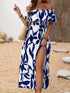 Women'S Off - Shoulder High Slit Dress, Polyester 100% Woven Fabric, All - Season Vacation Style, Plant Print A - Line Maxi Dress for Beach & Holiday - Polynesia Market