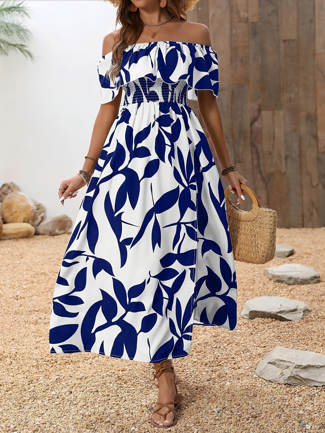 Women'S Off - Shoulder High Slit Dress, Polyester 100% Woven Fabric, All - Season Vacation Style, Plant Print A - Line Maxi Dress for Beach & Holiday - Polynesia Market