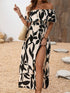 Women'S Off - Shoulder High Slit Dress, Polyester 100% Woven Fabric, All - Season Vacation Style, Plant Print A - Line Maxi Dress for Beach & Holiday - Polynesia Market