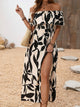 Women'S Off - Shoulder High Slit Dress, Polyester 100% Woven Fabric, All - Season Vacation Style, Plant Print A - Line Maxi Dress for Beach & Holiday - Polynesia Market
