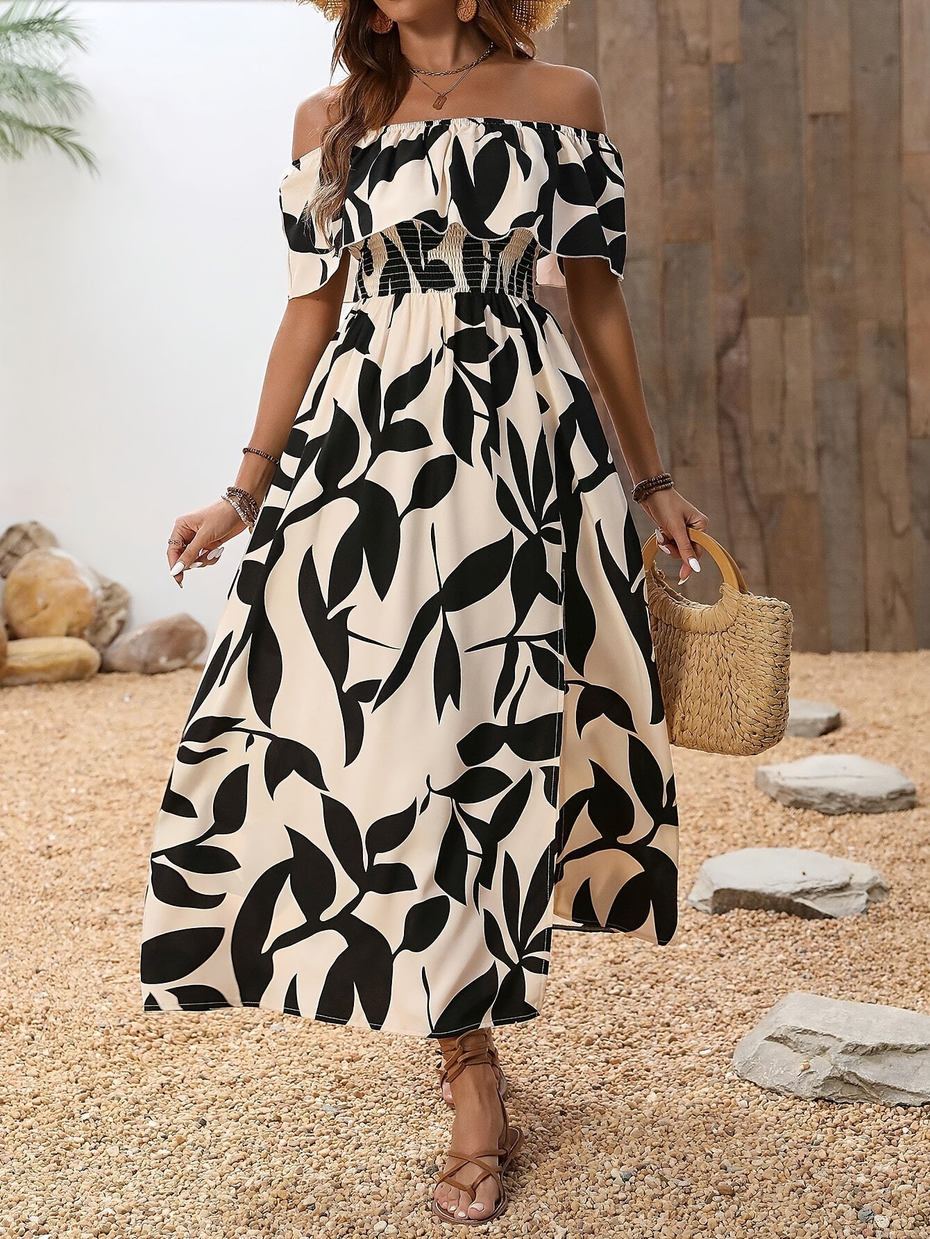 Women'S Off - Shoulder High Slit Dress, Polyester 100% Woven Fabric, All - Season Vacation Style, Plant Print A - Line Maxi Dress for Beach & Holiday - Polynesia Market