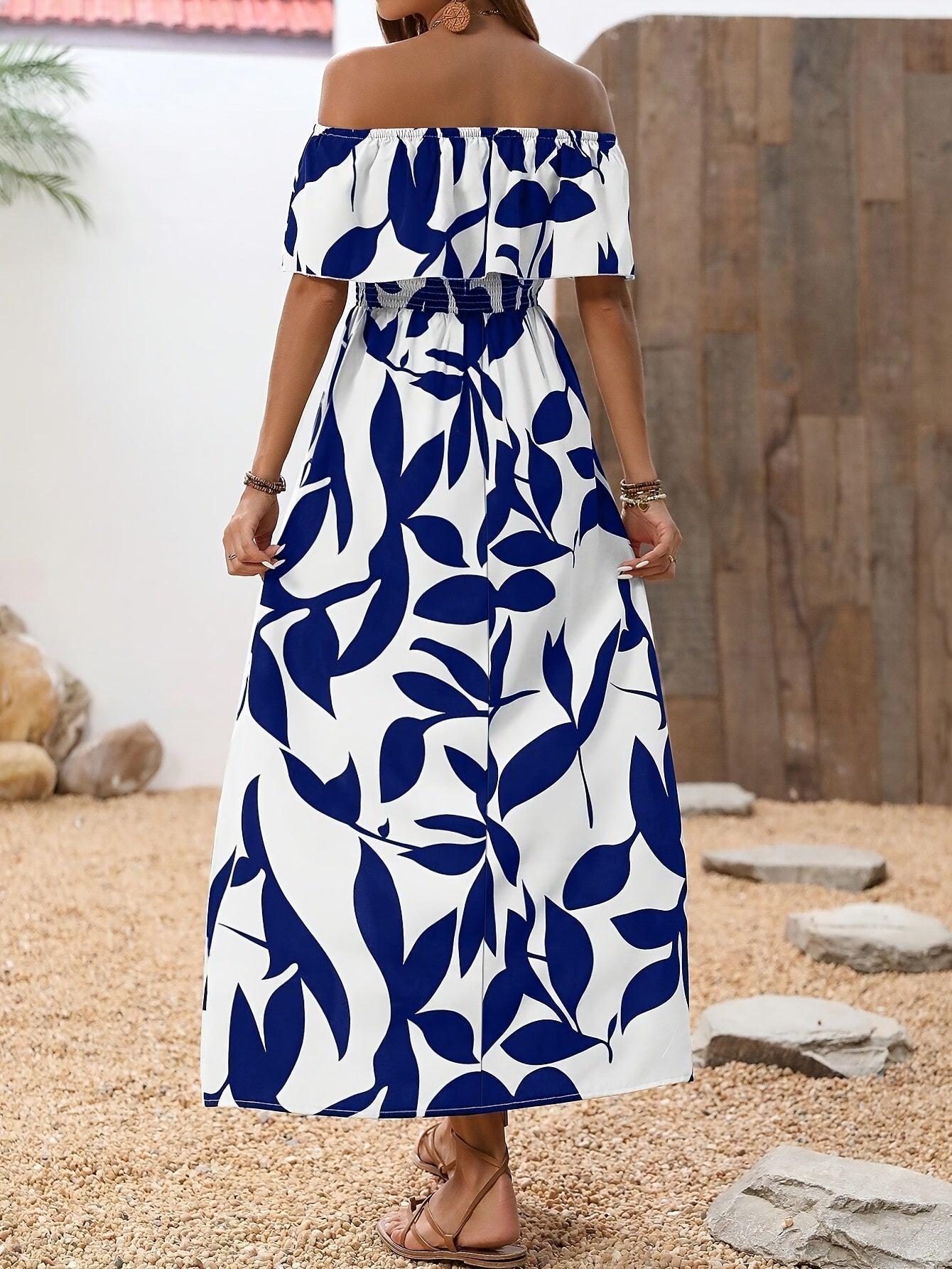 Women'S Off - Shoulder High Slit Dress, Polyester 100% Woven Fabric, All - Season Vacation Style, Plant Print A - Line Maxi Dress for Beach & Holiday - Polynesia Market