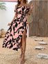 Women'S Off - Shoulder High Slit Dress, Polyester 100% Woven Fabric, All - Season Vacation Style, Plant Print A - Line Maxi Dress for Beach & Holiday - Polynesia Market