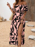 Women'S Off - Shoulder High Slit Dress, Polyester 100% Woven Fabric, All - Season Vacation Style, Plant Print A - Line Maxi Dress for Beach & Holiday - Polynesia Market