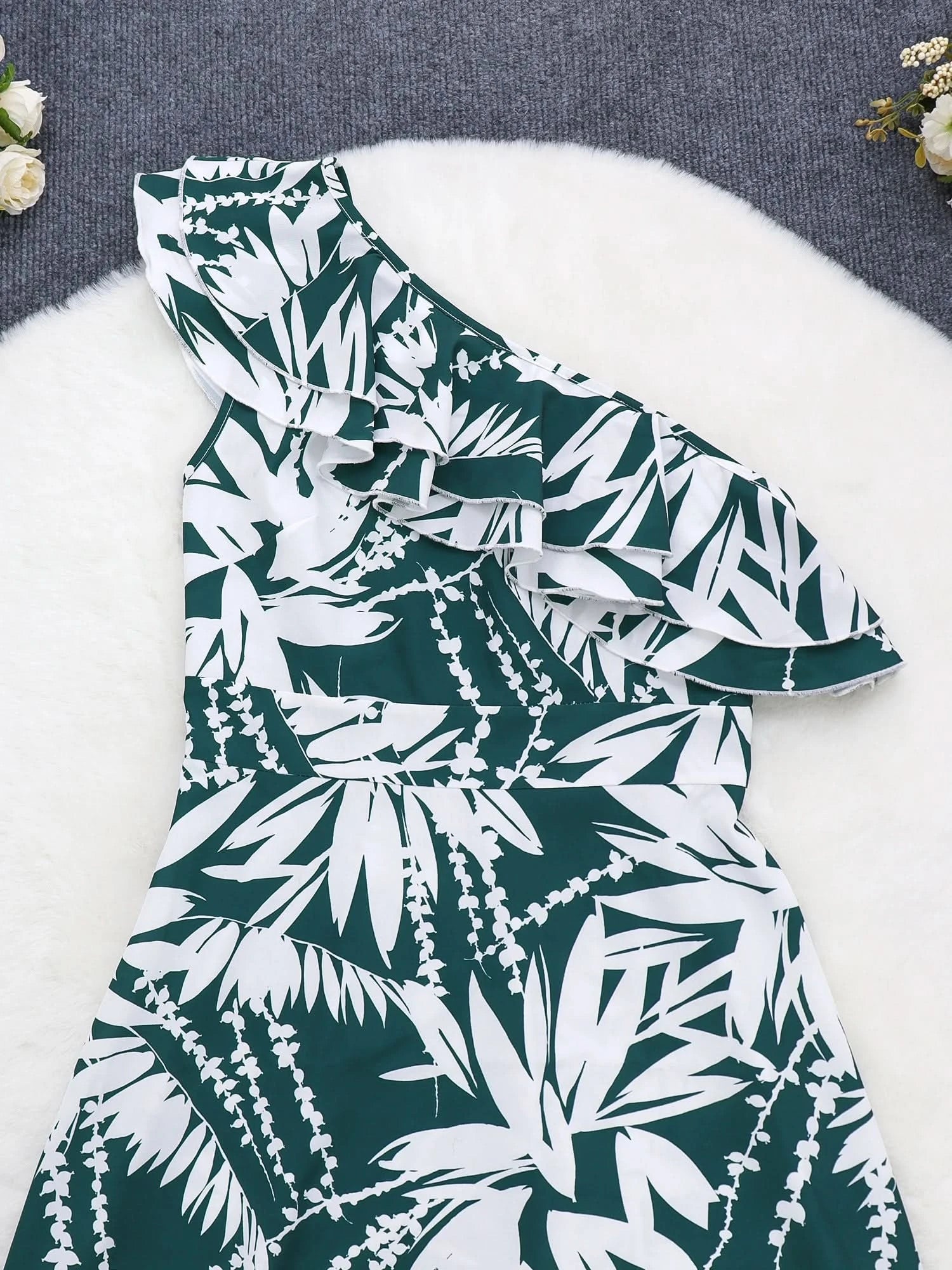 Women'S One - Shoulder Floral Print Ruffle Maxi Dress, Casual Polyester A - Line Gown, Woven Fabric, for Spring/Summer/Fall Vestido - Polynesia Market